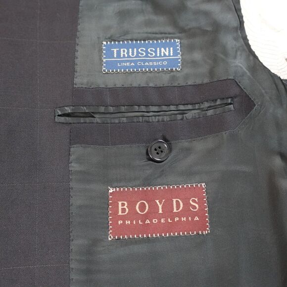 Trussini Men 40R Blazer Wool Three Button Single Breasted Navy Blue Window Pane - Picture 8 of 14